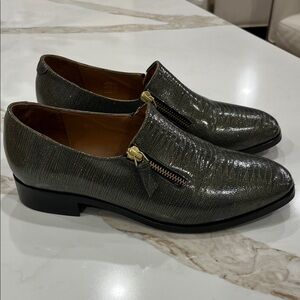 Anne Thomas Green and Metallic Gold fleck reptile embossed Leather Flats